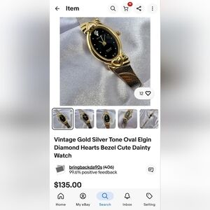 Vintage Gold Silver Tone Oval Elgin Diamond Hearts Bezel Cute DaintyWatch